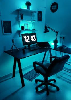 blog Contemporary home office setup featuring blue LED lighting and sleek design elements.